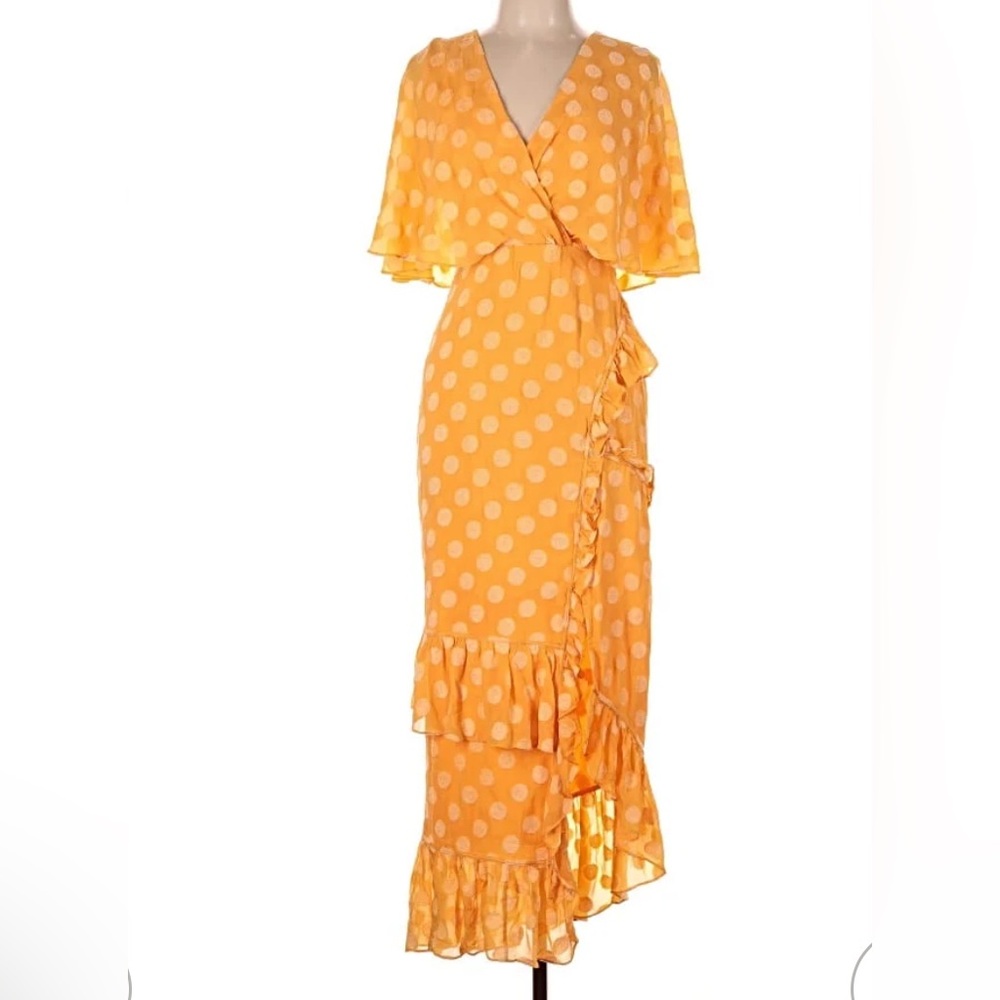 SALONI Asymmetrical Wrap Silhouette Polka Dot Dress 6 Orange Great Gatsby Ruffle